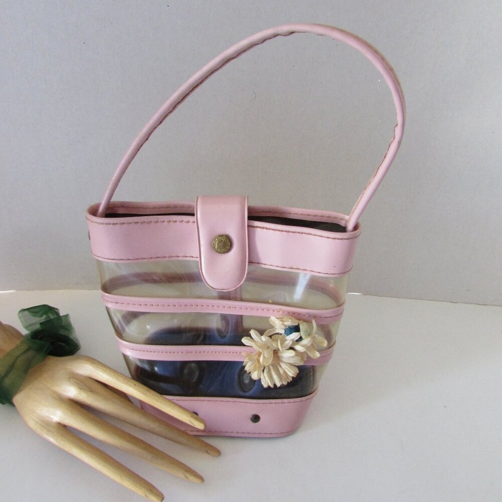 SALE Cute Vintage Child Size Purse in Pink & Clear Vinyl Bands